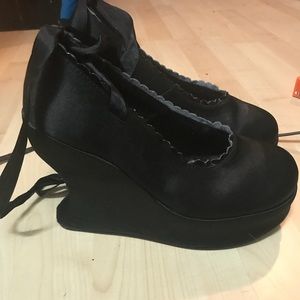 Demonia Black satin wedge curved Wedges